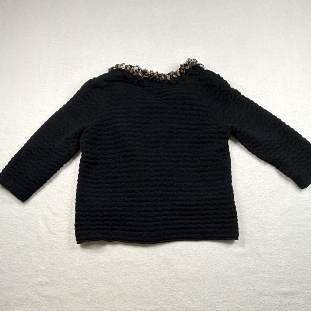 Chicos Black Textured Knit Jacket Leopard Print Trim Hook Eye Cardigan size 1 - Picture 5 of 8